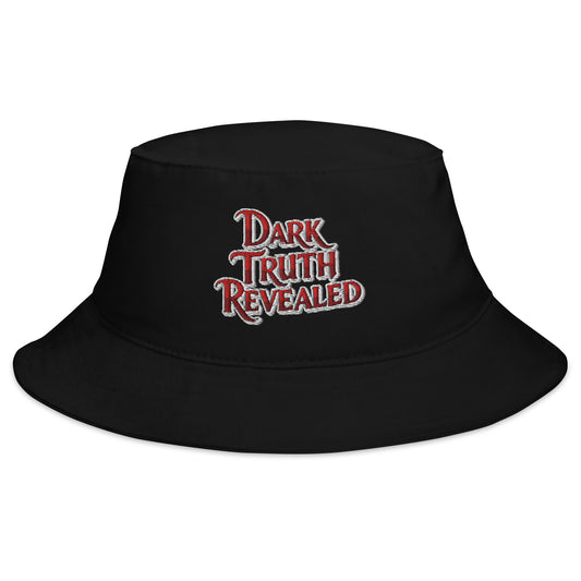 Black bucket hat with Dark Truth Revealed True Crime embroidered artwork, front view