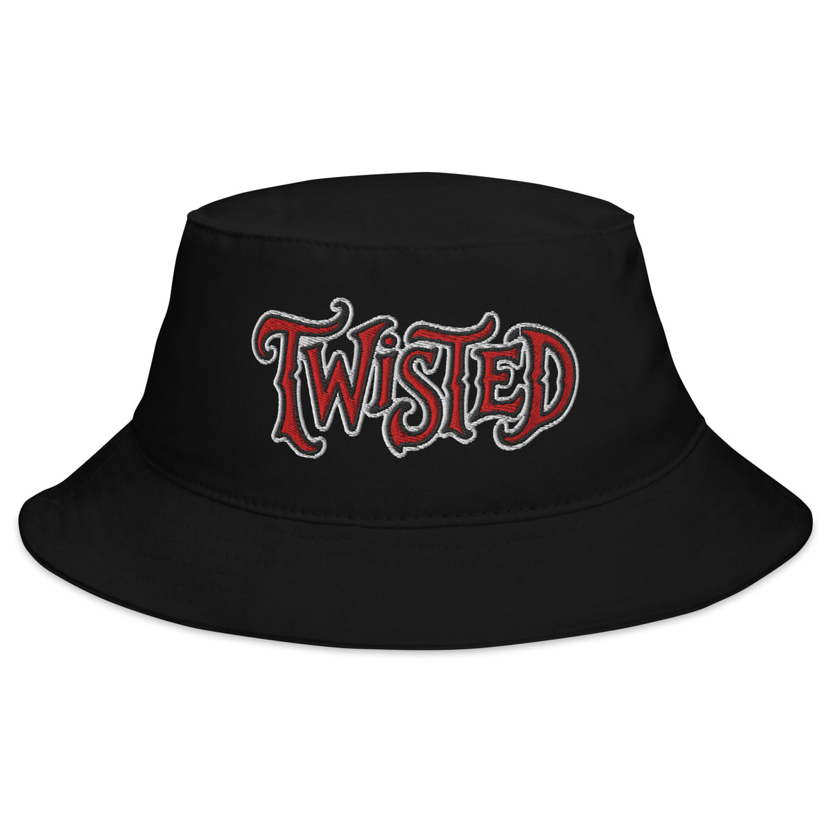 Black bucket hat with Twisted Horror Carnival embroidered artwork, front view