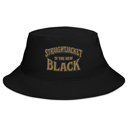 Black bucket hat with Straightjacket Is the New Black embroidered artwork, front view