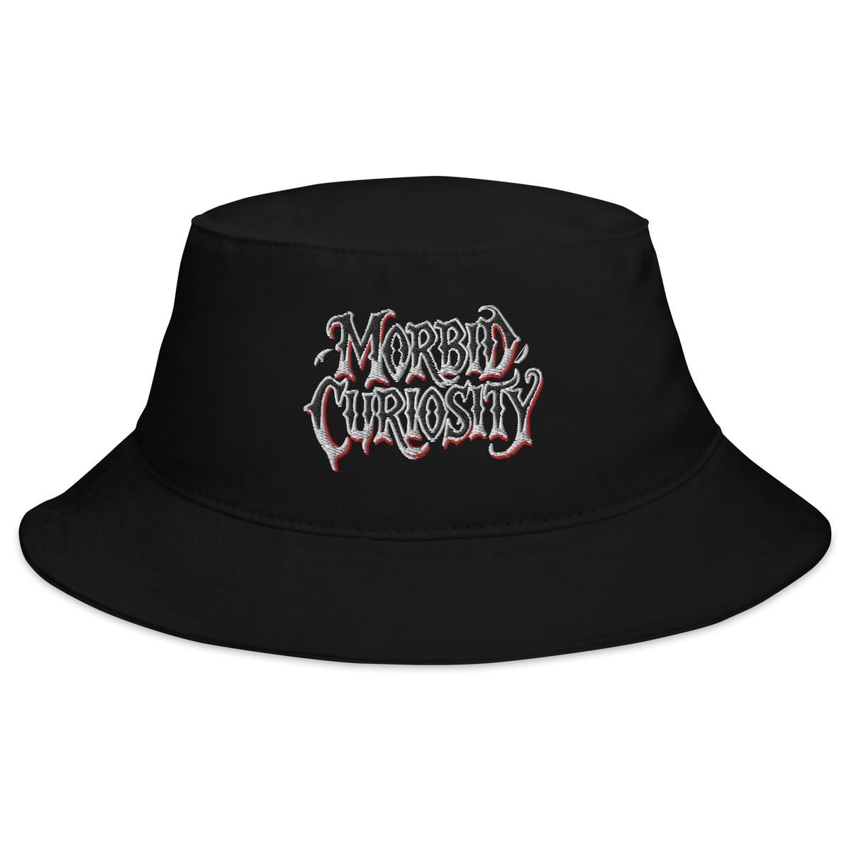 Black bucket hat with Morbid Curiosity Horror embroidered artwork, front view