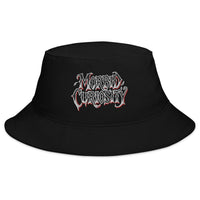 Black bucket hat with Morbid Curiosity Horror embroidered artwork, front view
