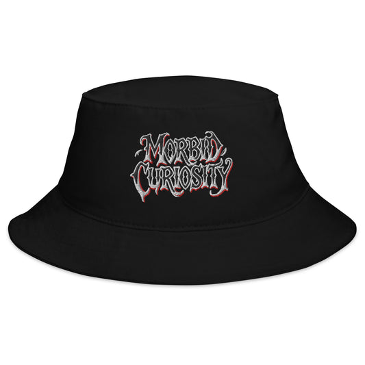 Black bucket hat with Morbid Curiosity Horror embroidered artwork, front view