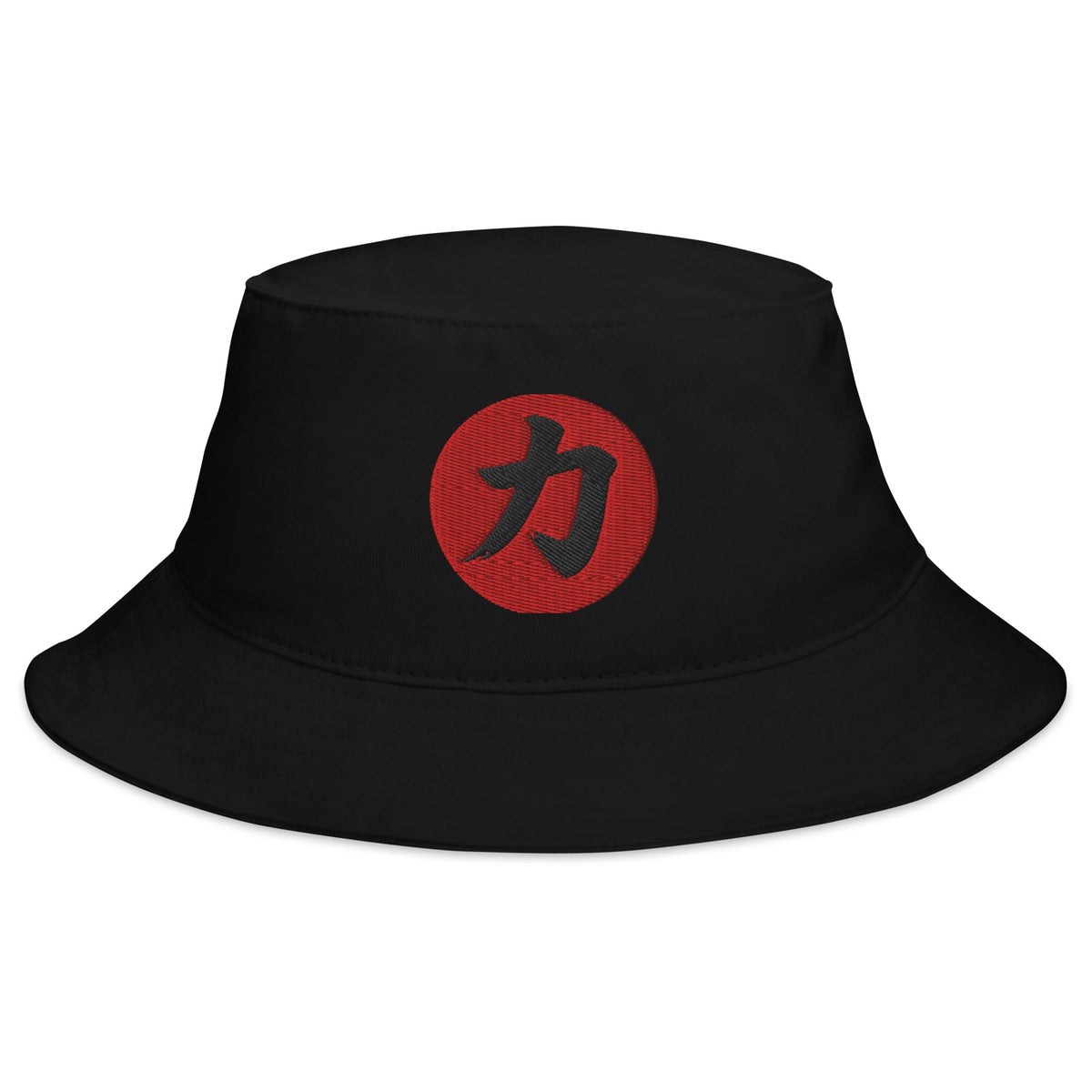 Black bucket hat with Power Kanji 力 (Chikara) embroidered artwork, front view