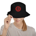 Black bucket hat with Shadow Kanji 影 (Kage) embroidered artwork, front view
