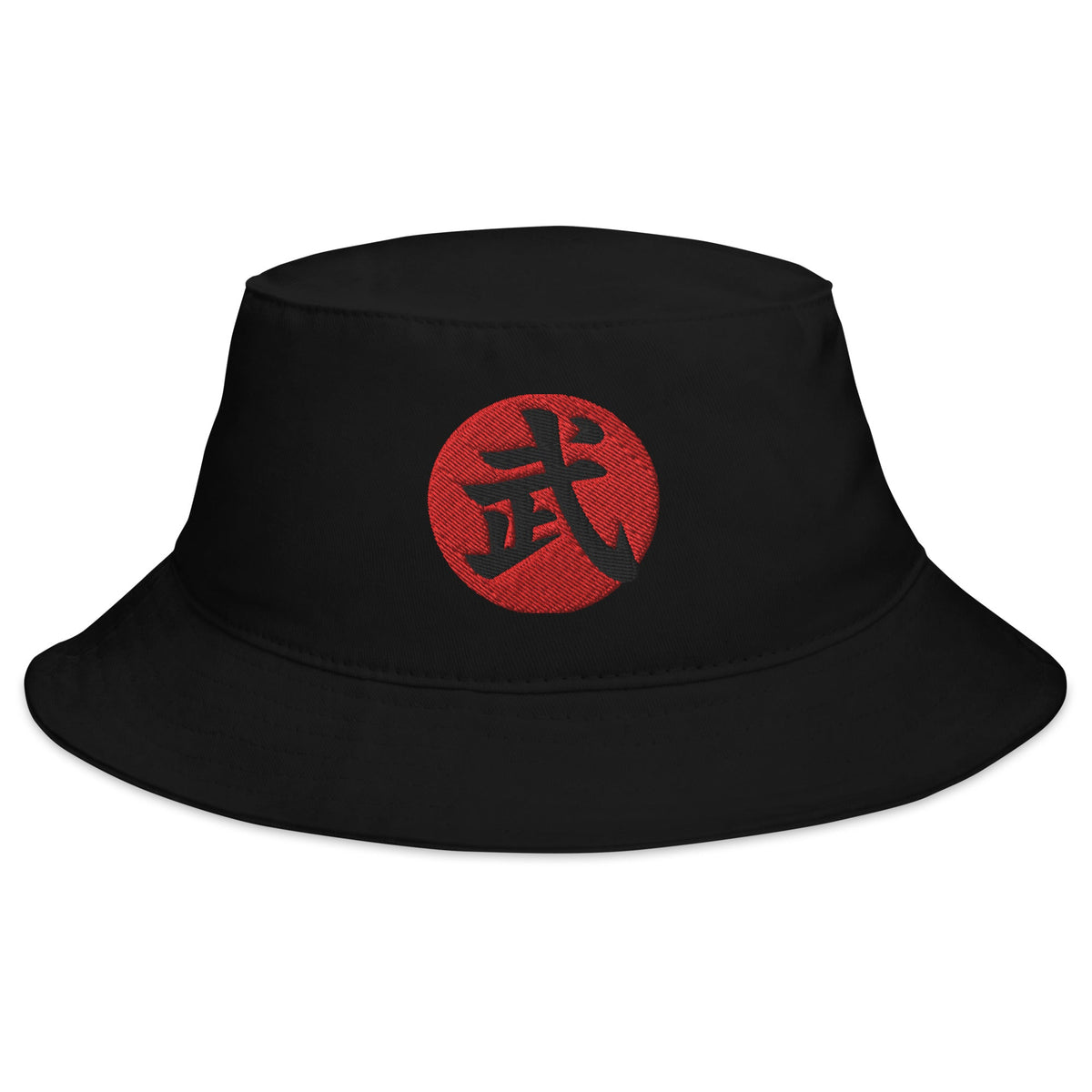 Black bucket hat with Warrior Kanji 武 (Bu) embroidered artwork, front view