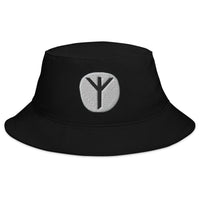 Black bucket hat with Algiz Rune embroidered artwork, front view