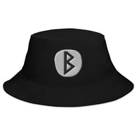 Black bucket hat with Berkano Rune embroidered artwork, front view