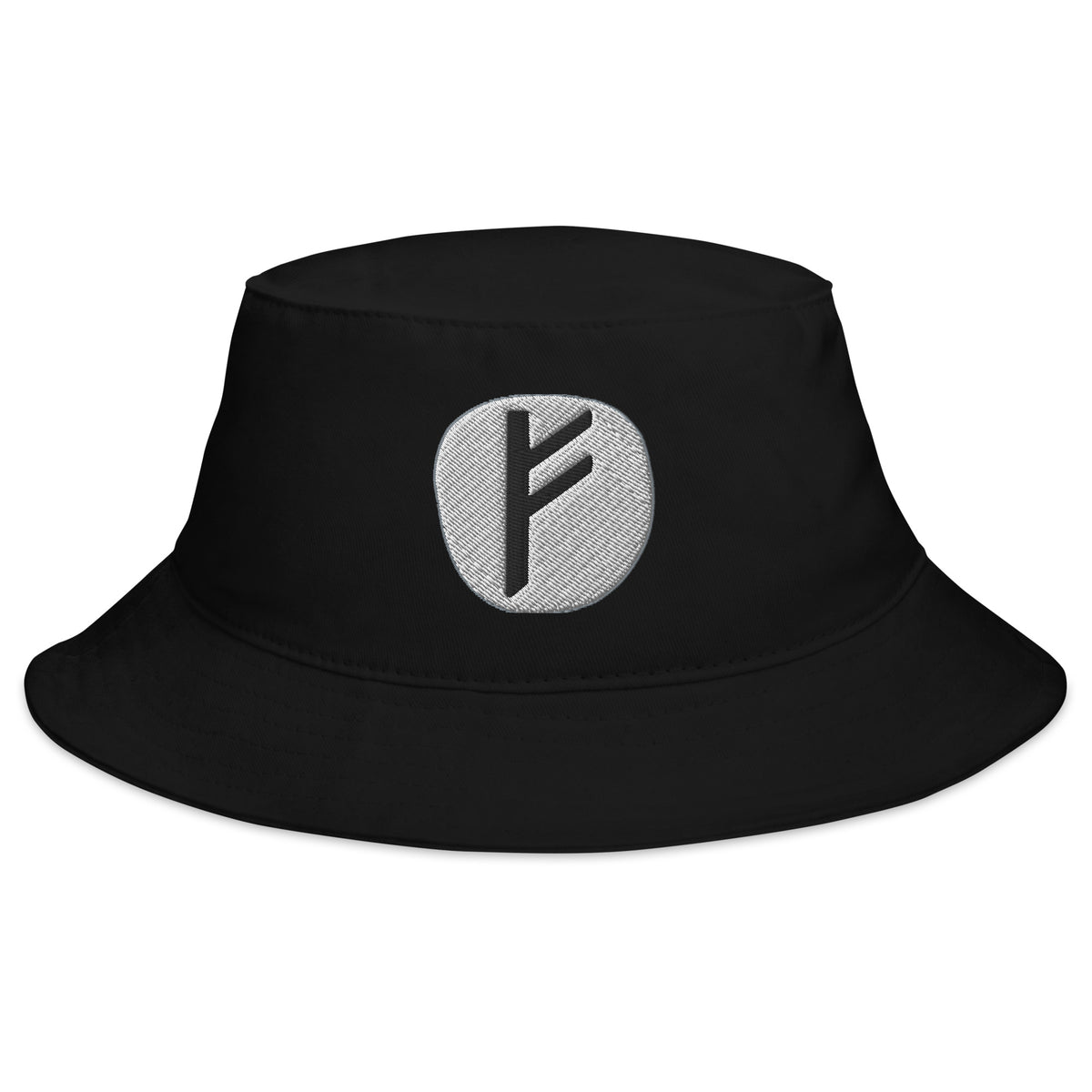 Black bucket hat with Fehu Rune embroidered artwork, front view