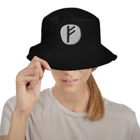 Black bucket hat with Fehu Rune embroidered artwork, front view