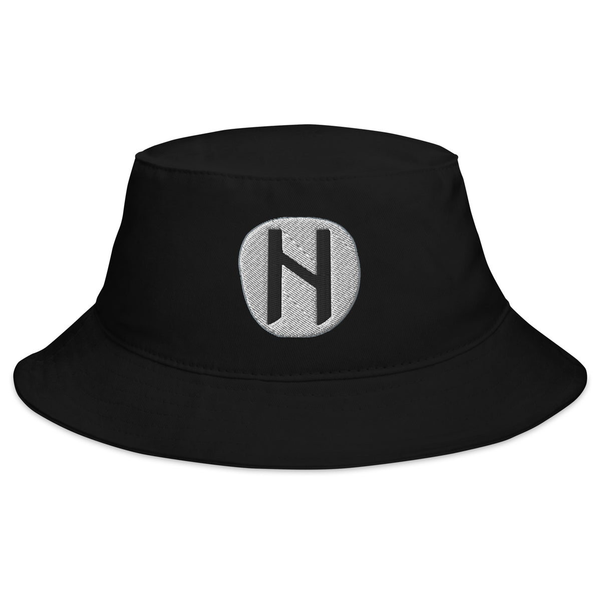 Black bucket hat with Hagalaz Rune embroidered artwork, front view