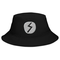 Black bucket hat with Sowilo Rune embroidered artwork, front view