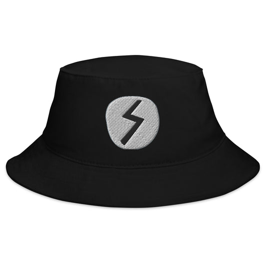 Black bucket hat with Sowilo Rune embroidered artwork, front view