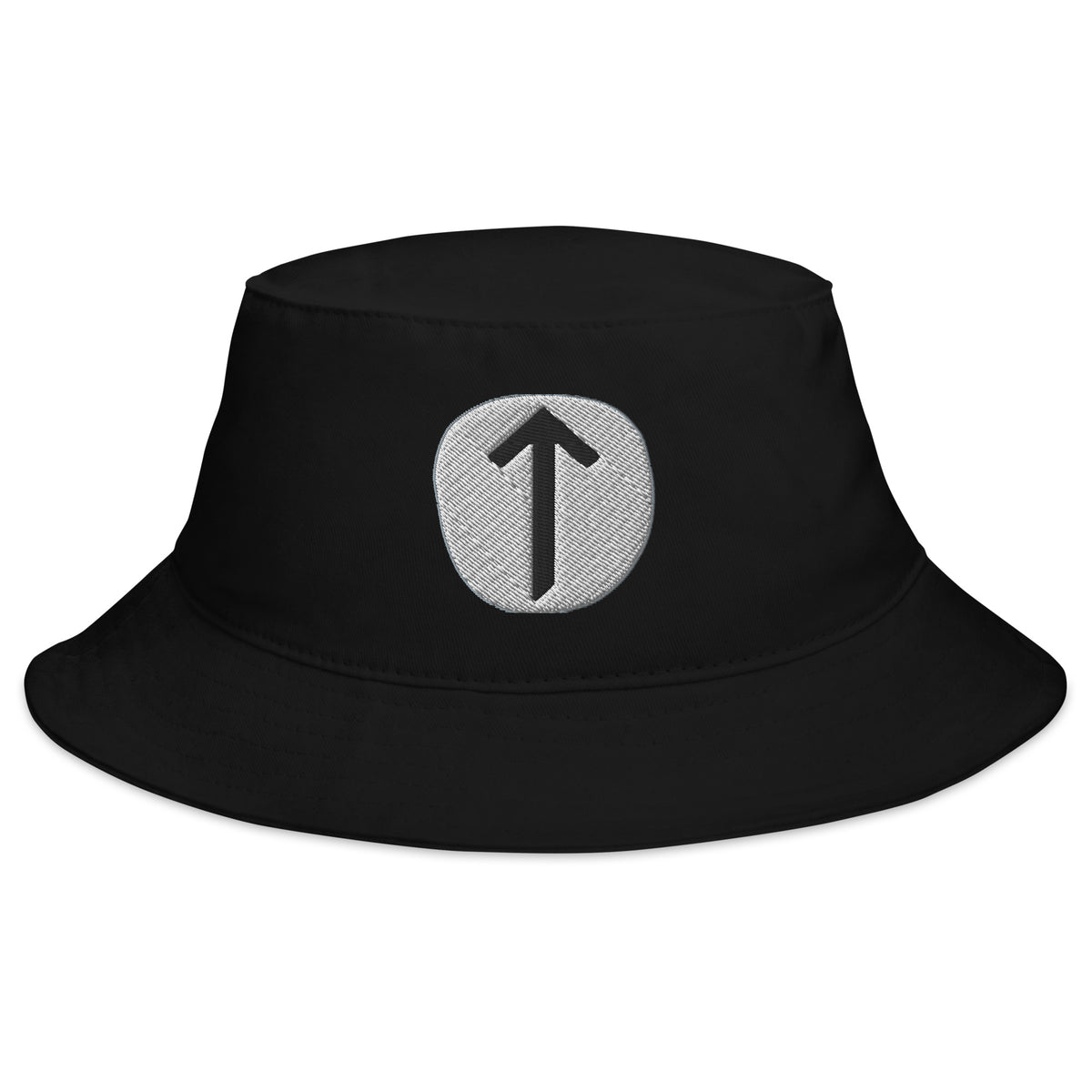 Black bucket hat with Tiwaz Rune embroidered artwork, front view