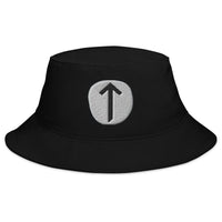 Black bucket hat with Tiwaz Rune embroidered artwork, front view