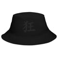Black bucket hat with Madness Kanji Symbol embroidered artwork, front view
