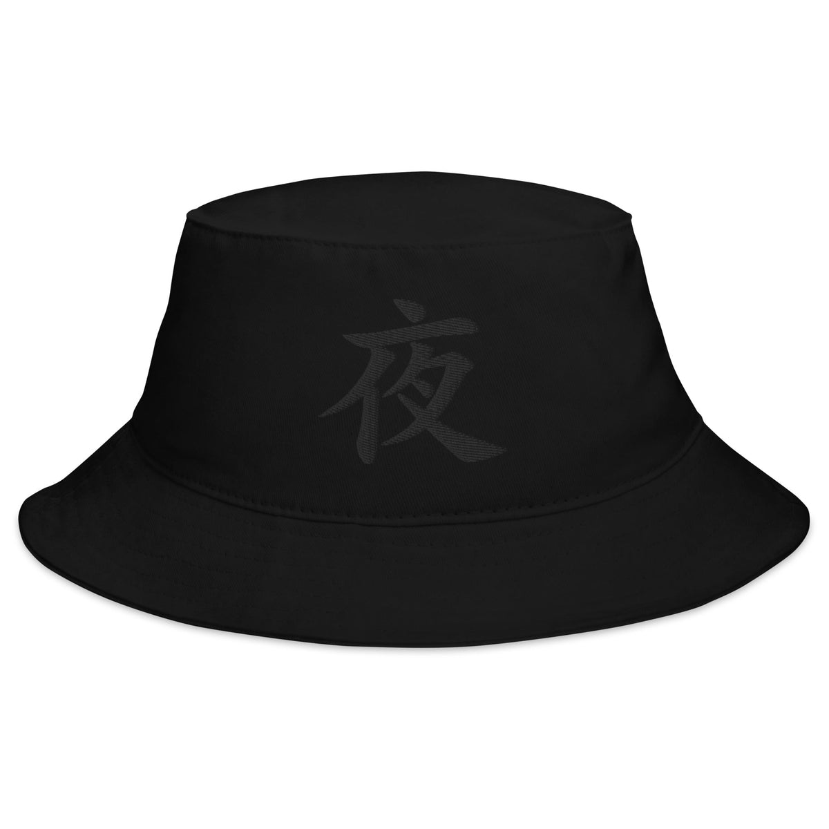 Black bucket hat with Night Kanji Symbol embroidered artwork, front view