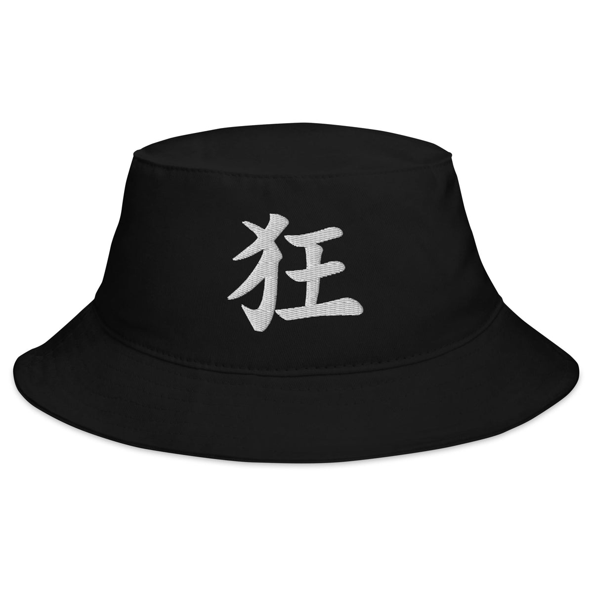 Black bucket hat with Japanese Kanji Madness embroidered artwork, front view