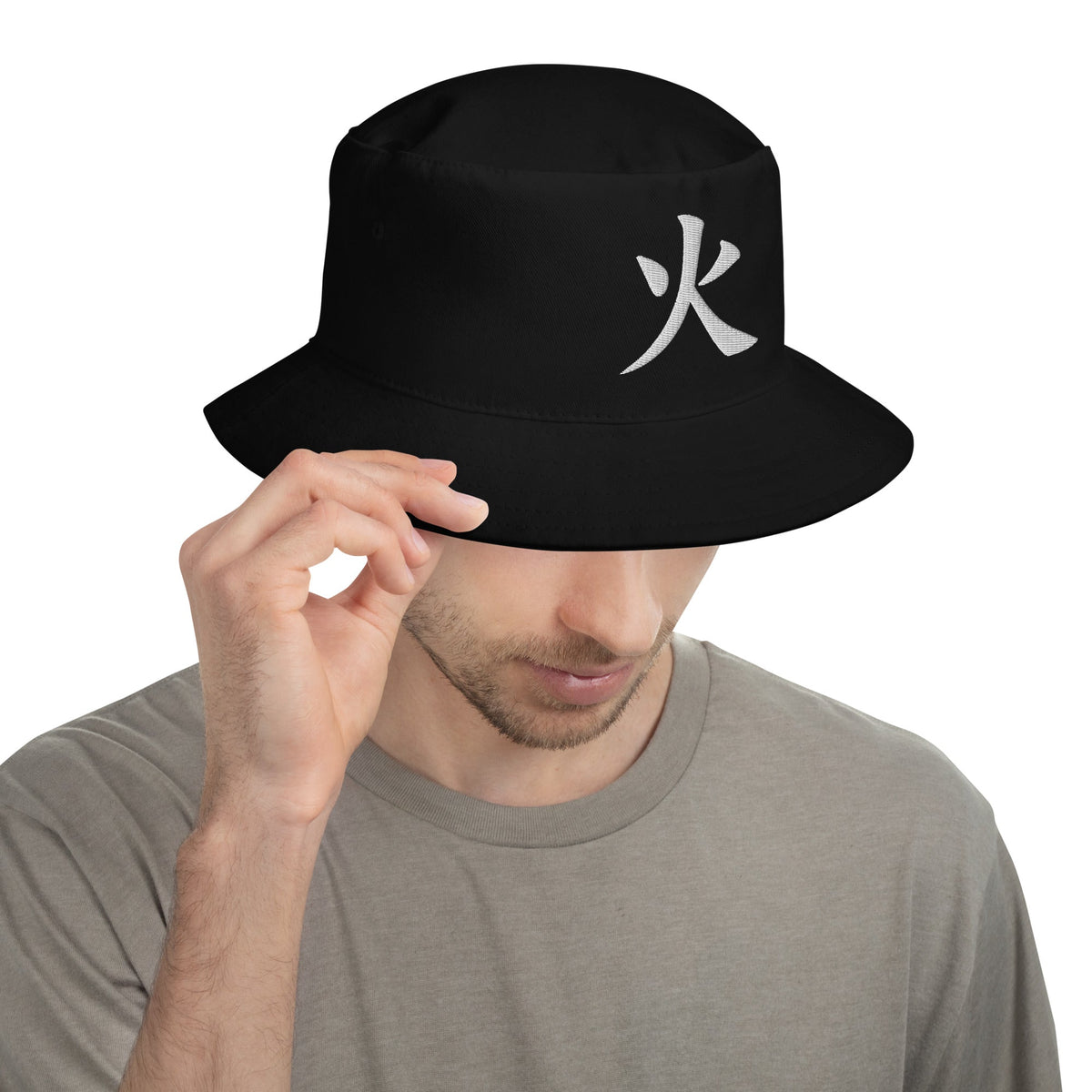 Black bucket hat with Japanese Kanji Fire embroidered artwork, front view