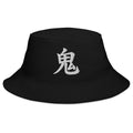 Black bucket hat with Japanese Kanji Demon embroidered artwork, front view