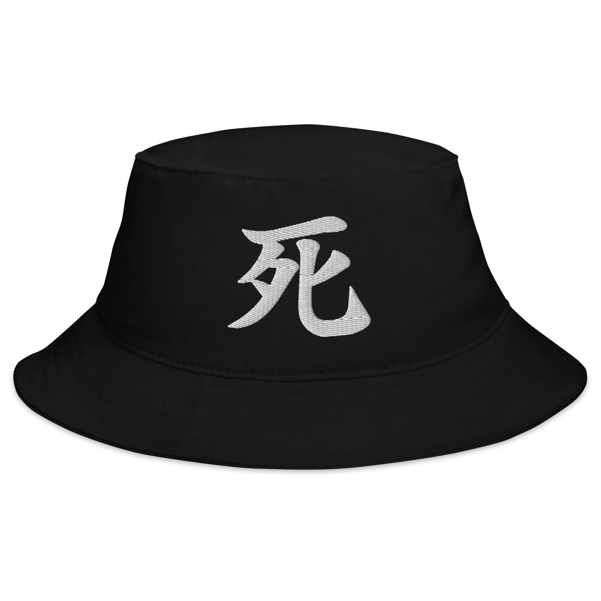 Black bucket hat with Japanese Kanji Death embroidered artwork, front view