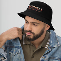 Black bucket hat with Anime Samurai Warrior embroidered artwork, left-front view