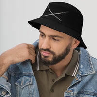 Black bucket hat with Dual Samurai Swords Anime Warrior embroidered artwork, left-front view