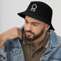 Black bucket hat with White Viking Troll Cross embroidered artwork, left-front view
