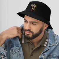 Black bucket hat with Sun God Eye of Ra embroidered artwork, left-front view