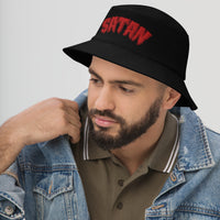 Black bucket hat with Satan Blood Drip embroidered artwork, left-front view