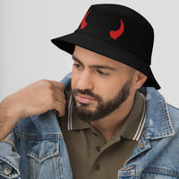 Black bucket hat with Red Devil Horns embroidered artwork, left-front view