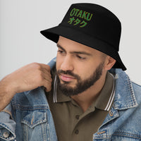 Black bucket hat with Otaku オタク Japanese embroidered artwork, left-front view