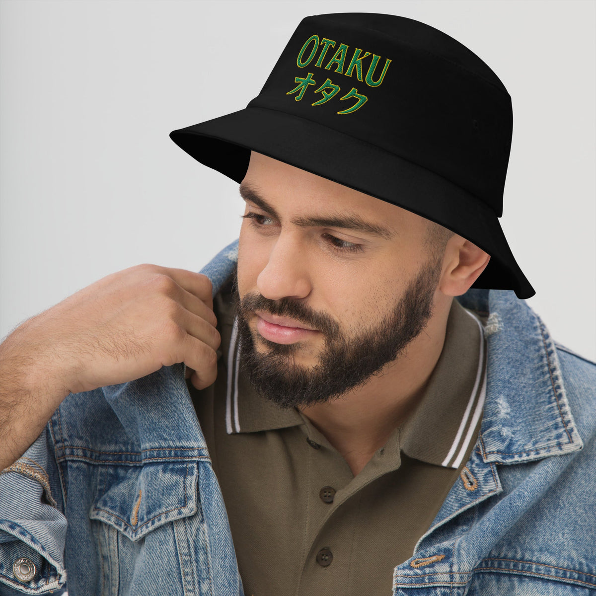 Black bucket hat with Otaku オタク Japanese embroidered artwork, left-front view
