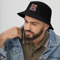 Black bucket hat with Future Serial Killer embroidered artwork, left-front view