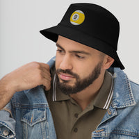 Black bucket hat with Nine Ball Line Billiards embroidered artwork, left-front view