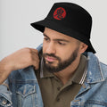 Black bucket hat with Demon Kanji 鬼 (Oni) embroidered artwork, left-front view