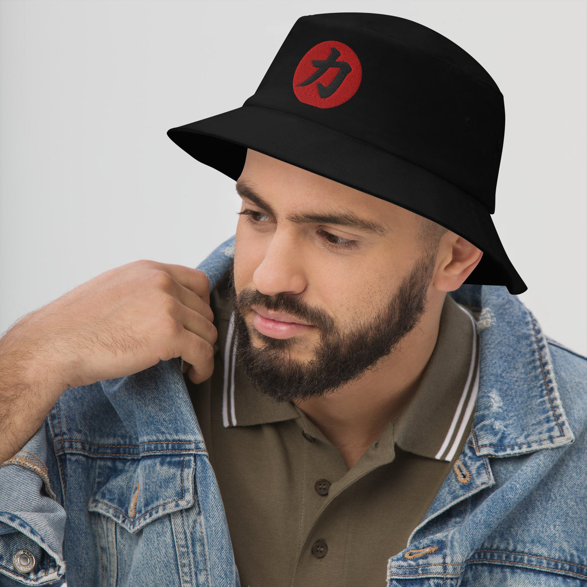 Black bucket hat with Power Kanji 力 (Chikara) embroidered artwork, left-front view