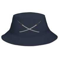 Navy bucket hat with Dual Samurai Swords Anime Warrior embroidered artwork, front view