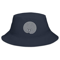 Navy bucket hat with Ancient Labyrinth Maze Symbol embroidered artwork, front view