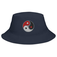 Navy bucket hat with Triple Yin Yang Symbol embroidered artwork, front view