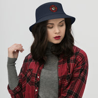 Navy bucket hat with Yin Yang Chinese Wheel embroidered artwork, front view