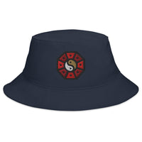 Navy bucket hat with Yin Yang Chinese Wheel embroidered artwork, front view