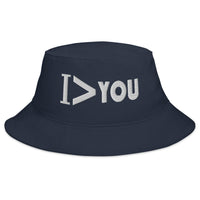 Navy bucket hat with I Am Greater > Than You Sarcastic Meme embroidered artwork, front view