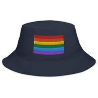Navy bucket hat with LGBTQ+ Pride embroidered artwork, front view