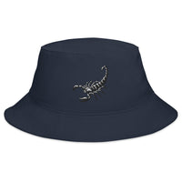 Navy bucket hat with Scorpion Deadly Sting embroidered artwork, front view