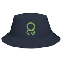 Navy bucket hat with Green Viking Troll Cross embroidered artwork, front view