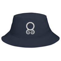 Navy bucket hat with White Viking Troll Cross embroidered artwork, front view