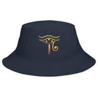Navy bucket hat with Sun God Eye of Ra embroidered artwork, front view