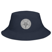 Navy bucket hat with White Baphomet Sigil embroidered artwork, front view