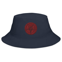 Navy bucket hat with White Baphomet Sigil embroidered artwork, front view