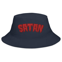 Navy bucket hat with Satan Blood Drip embroidered artwork, front view